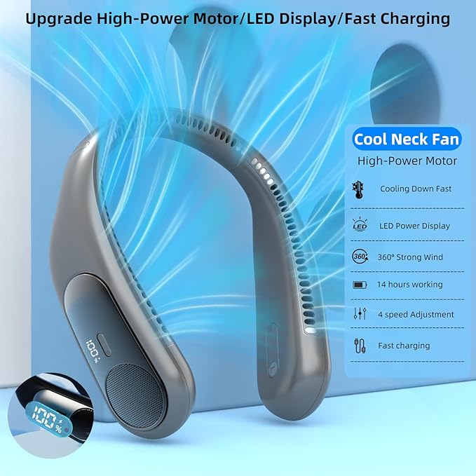 Portable Neck Fan,Personal Wearable Bladeless Fan,LED Display,4-Speeds,6000mAh USB Rechargeable,360° Strong Cooling Wind,Hands Free,Long Lasting,Birthday Gifts for Men Women Dad Mom (Dark grey)