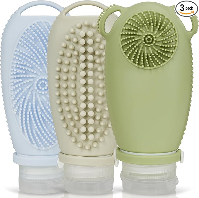 Sumina Premium Silicone Travel Bottles 3-Pack (3.4oz) | TSA Approved Leakproof Toiletry Containers | Refillable Shower Bottles & Gentle Exfoliating Scrubber for Sensitive Skin