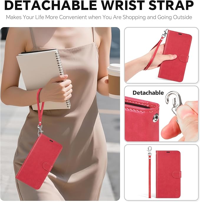 TUCCH 2-in-1 Removable Case Wallet for iPhone Air (6.5") 2025, Detachable Wrist Strap, 4 Card Holders RFID Blocking, Wireless Charging, Stand, Magnetic, PU Leather, Shockproof Folio Cover, Red