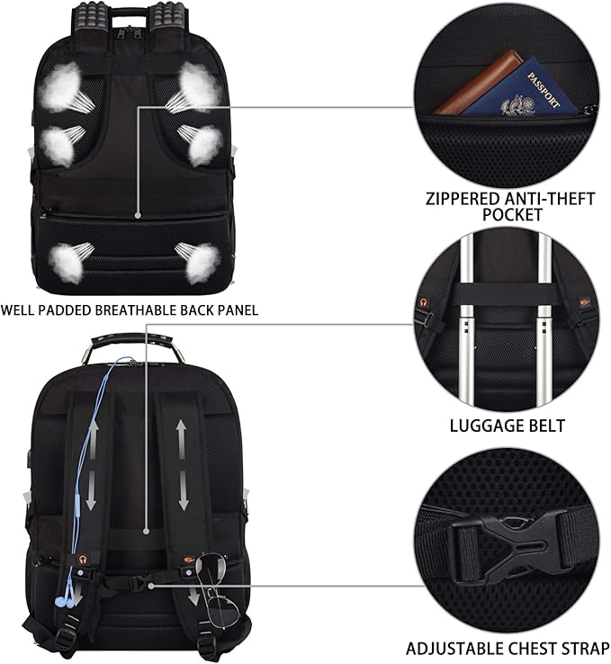 18.4 inch Gaming Laptop Backpacks with USB Charging Port, Big Capacity TSA Friendly RFID Anti Theft Pocket College Heavy Duty Computer Work bag for Men