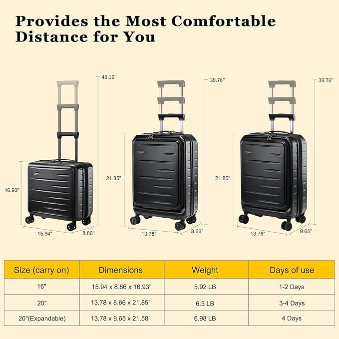 16 Inch Carry On Luggage Airline Approved, Expandable Lightweight ABS+PC Hard Shell Suitcases with 360° Spinner Wheels, TSA Lock, YKK Zippers (Black)