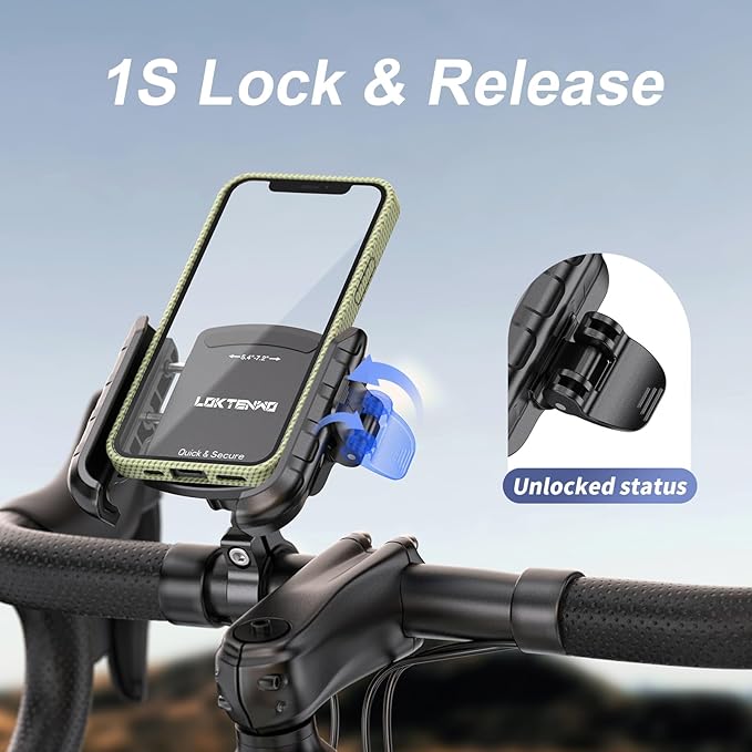 Bike Motorcycle Phone Mount with Aluminum Alloy Mounting Base, [1s Lock & Release] [No Block Camera] Bicycle Handlebar Cell Phone Holder for Scooter ATV, Fit 5.4-7.2" Smartphone