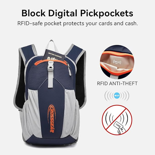 CROSSGEAR 16L Lightweight Hiking Backpack, RFID Foldable Packable Backpack for Women Men, Water Resistant Small Hiking Daypack Navy Blue