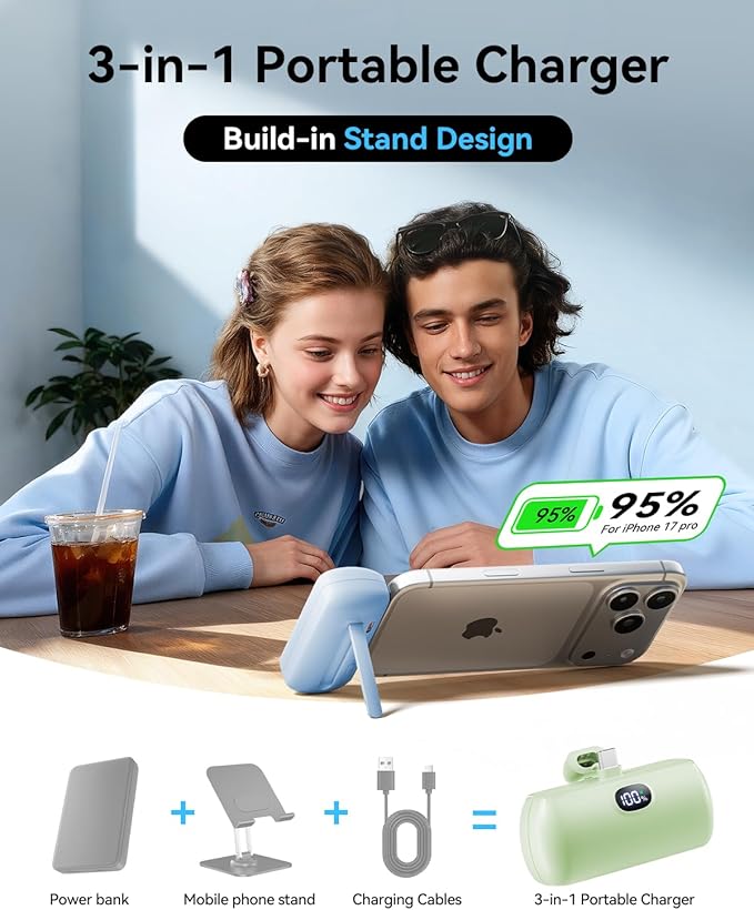[2 Pack] Mini Portable Charger Usb C, 5000mAh Cell Phone Portable Power Bank, 22.5W Max Fast Charging Battery Pack for iPhone17/16/15/Android etc, Travel Essential, LCD Display, Light Green&Light Blue
