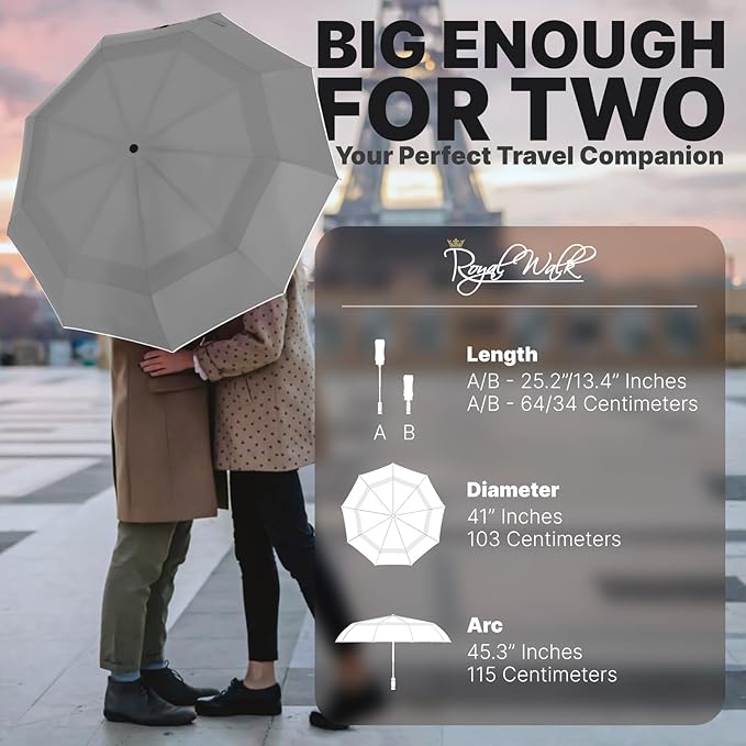 Royal Walk Windproof Folding Travel Umbrella Compact and Strong Luxurious Real Wood Handle Automatic Open Close Vented Double Canopy for Men and Women