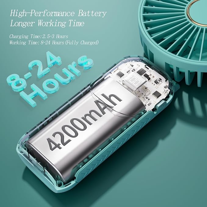 Portable Fan, 4200mAh Battery Operated Fan, 5 Speeds&Digital Display, Makeup Fans for Women with Base, 180°Foldable 3in1 Handheld/Neck/Desk Fan for Outdoor Indoor,Ultra Quiet (Green)