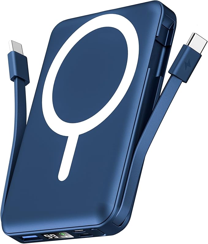 podoru for Magsafe Battery Pack, 10000mAh Magnetic Power Bank Built-in Double USB C Cables 22.5W PD Fast Charging LED Display Wireless Portable Charger for iPhone 17/16/15/14/13/12 Series-Navy Blue