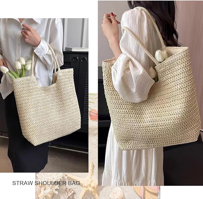 Straw Beach Bags for Women Woven Beach Tote Bag Casual Boho Large Shoulder Handbags Purse for Vacation Holiday