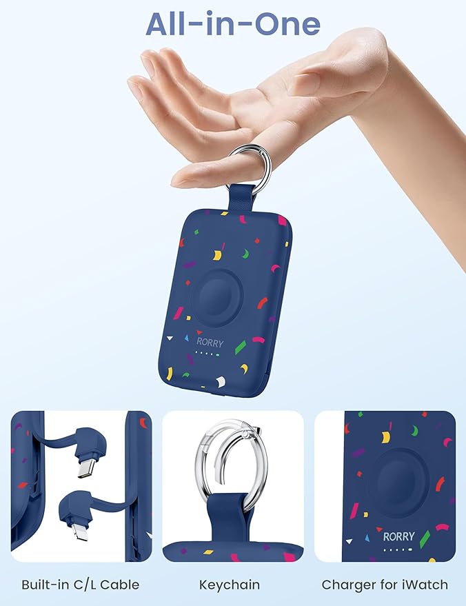 RORRY Portable Charger, 10000mAh PD 20W Fast Charging Portable Charger Power Bank with Built in Cables, Travel Battery Pack for iPhone 17/16/15/14/13/12 and Apple Watch, Confetti-Deepblue