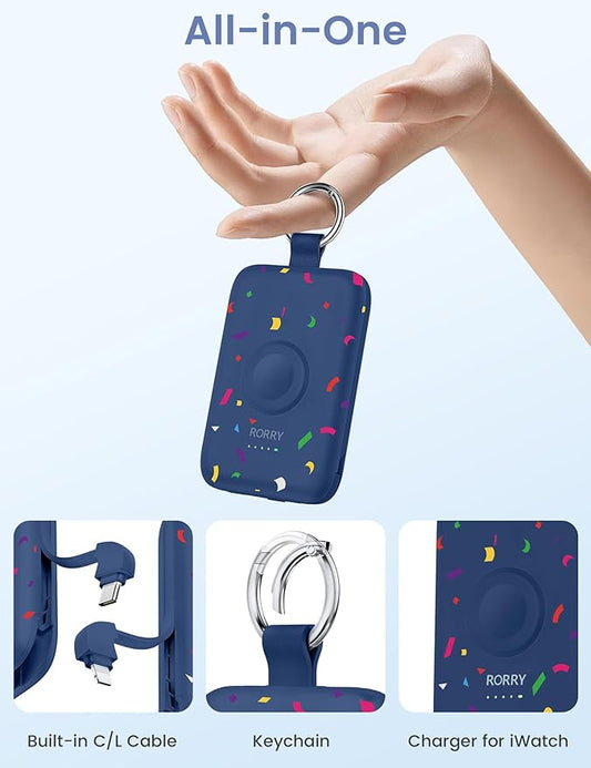 RORRY Portable Charger, 10000mAh PD 20W Fast Charging Portable Charger Power Bank with Built in Cables, Travel Battery Pack for iPhone 17/16/15/14/13/12 and Apple Watch, Confetti-Deepblue