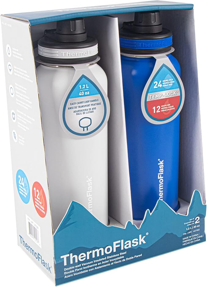 ThermoFlask 40 oz Bottle - Stainless Steel, Double-Wall Insulation & BPA-Free - Leakproof, Reusable with Spout Lid - Ice Gray/Azure (2 Pack)