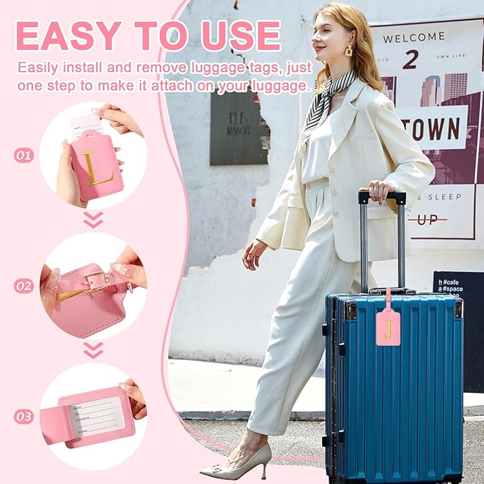 Personalized Initial Luggage Tags for Suitcase, Pink Leather Cute Luggage Tags with Privacy Cover Name Card, Embroidered Custom Monogrammed Luggage Tag Travel Bag Baggage Tags Gifts for Women Kids(J)