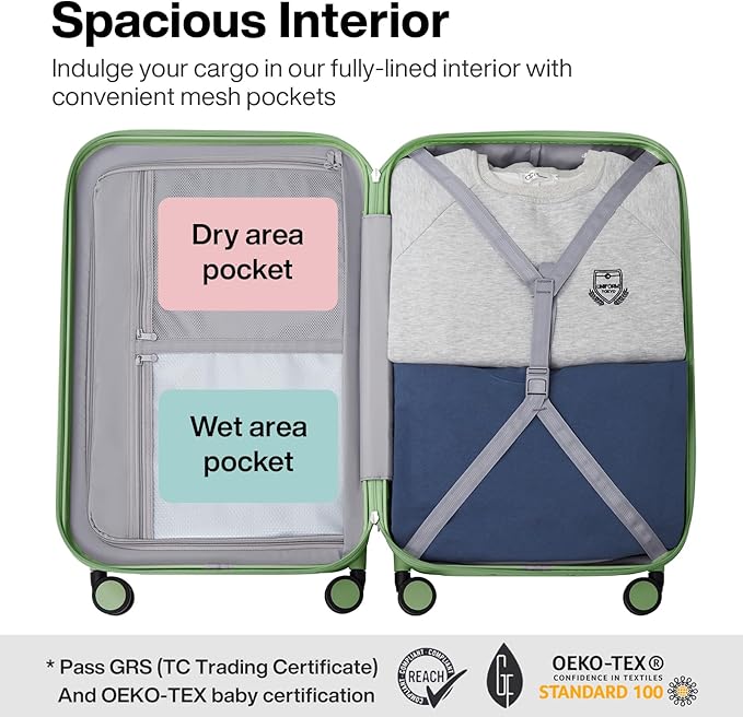 mixi Upgrade Luggage Suitcases with Spinner Wheels, Large Hardside Rolling Suitcase PC with TSA Lock Travel Case 26in Checked in, Fine Grid Avocado Green