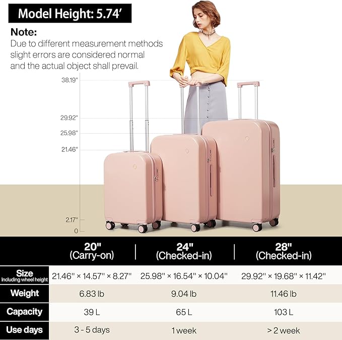 mixi Carry on Luggage, 20'' Suitcase Spinner Wheels Luggage Hardshell Lightweight Rolling Suitcases PC with Cover & TSA Lock for Business Travel, Pink