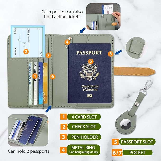 Deziliao Passport wallets, Mulit-purpose RFID Blocking Passport Holder AirTag Wallet, Travel Wallet（Moss Green）