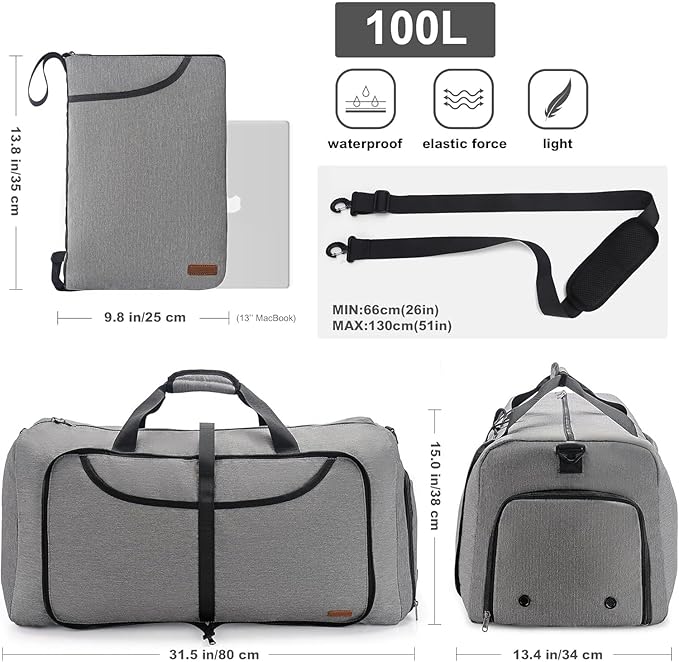 100L Duffle Bag for Travel, Large Foldable Waterproof Travel Duffel Bags Weekender Overnight Bag for Men and Women with Shoe Compartment