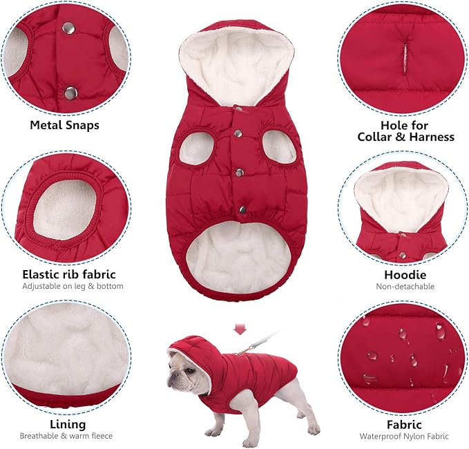Fleece Hoodie, Windproof Waterproof Coat, Winter Warm Jacket, Cold Weather Pet Apparel Clothes Vest for Small Medium Large Dogs (XL, Red)