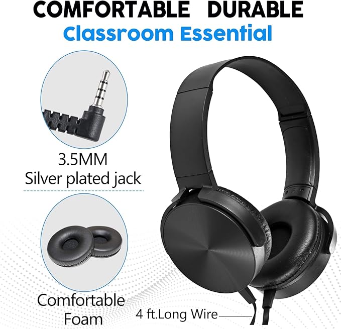 Bulk Headphones for Classroom 24 Pack Durable Wired School Headphones for Kids,Students,Children Toddler Teen Boys Girls and Adult(Black)
