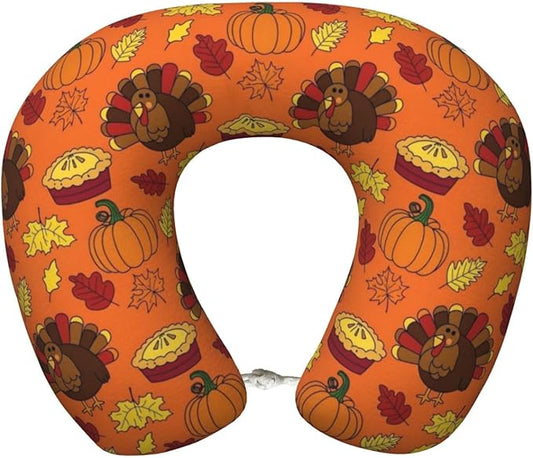 Neck Pillow Memory Foam Travel Pillows Comfortable for Airplane Flight Car Travel Office Nap and Sleeping, Funny Cushion for Head Shoulder Orange Pumpkin Color Thanksgiving Turkey