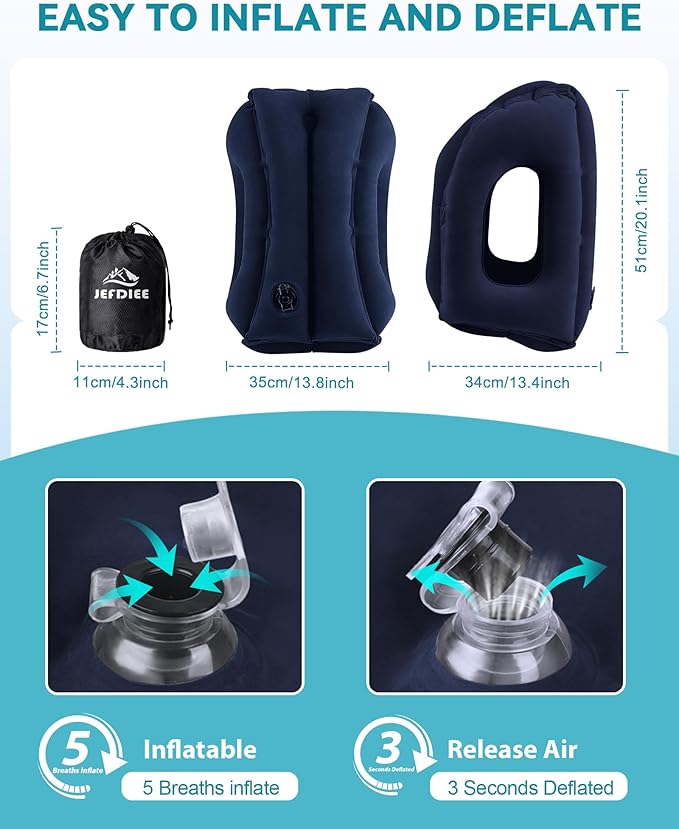 JefDiee Travel Pillow,Inflatable Airplane Pillow for Sleeping Comfortably Supports Head and Chin for Airplane,Car,Bus and Office