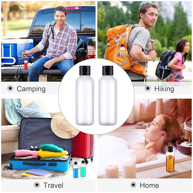 50 Piece 3.4 oz Travel Bottles with Flip Cap Plastic Empty Bottles Refillable Flip Cover Dispensing Squeeze containers with 2 Funnels Portable Refillable Containers for Travel Liquid(Clear, Black)