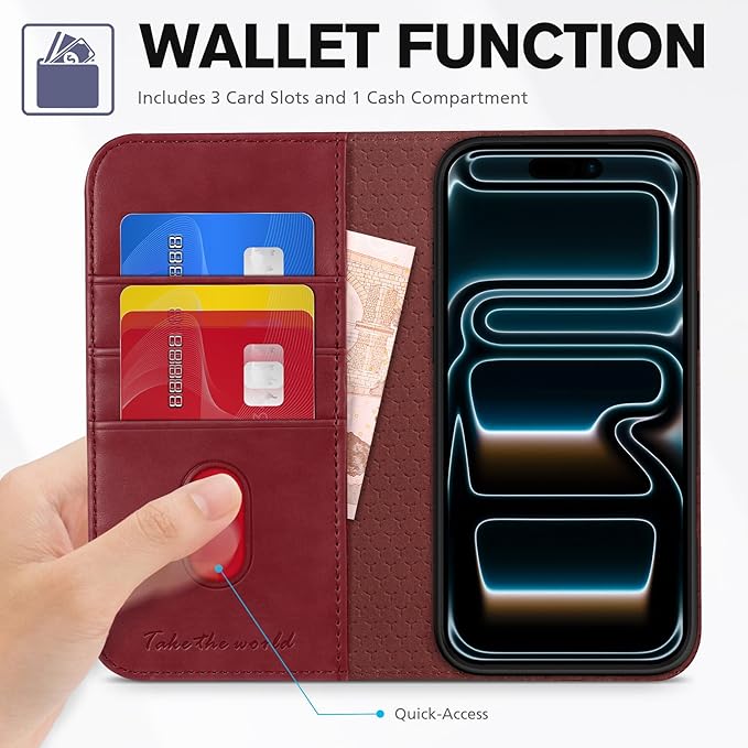 TUCCH Wallet Case for iPhone 17 Pro (6.3") 2025, 3 Credit Card Slot | RFID Blocking | Stand | PU Leather | Protective Flip Folio Cover | Shockproof TPU Interior Shell | Deep Red