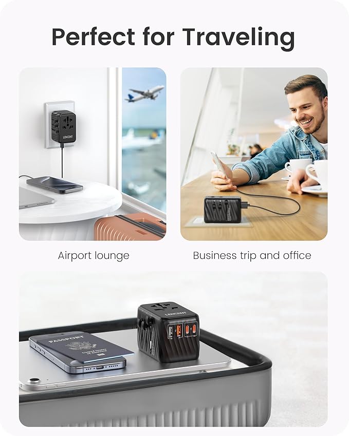 LENCENT Universal Travel Adapter, 65W GaN International Fast Charger with 2 PD3.0 Type C+2 QC USB A, Worldwide Power Adaptor for Phones,Laptops, All in One Travel Essentials for EU/USA/UK/AU, Black