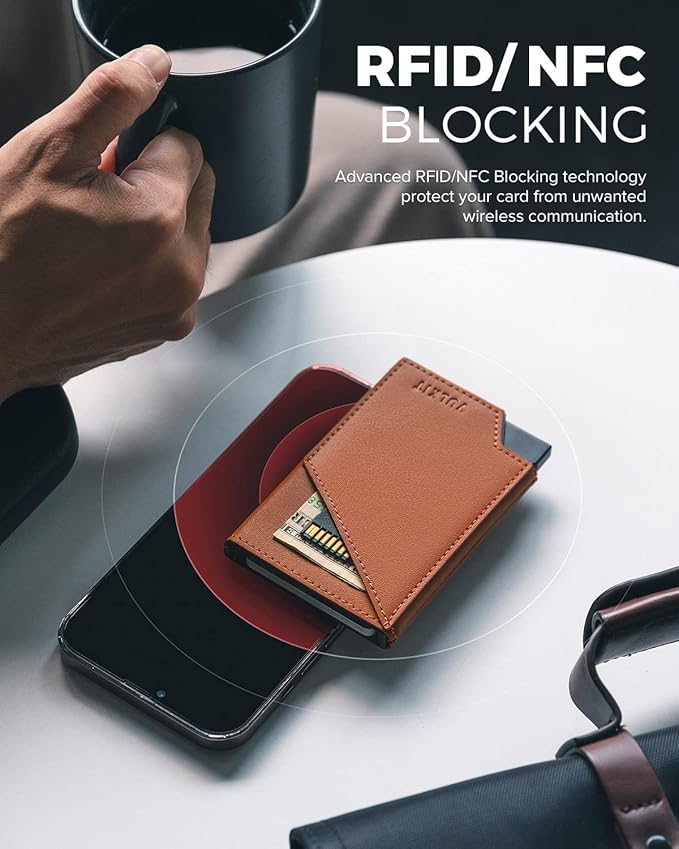 VULKIT Pop up Card Wallet RFID Blocking Slim Aluminum Metal Bank Card Holder Case with Business Money Pocket for Credit Cards Notes and Coins (Brown)
