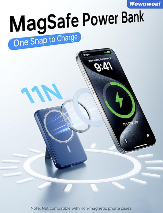 for Magsafe Portable Charger, 10000mAh Wireless Power Bank with Stand and PD 20W, USB C Fast Charging Powerbank, Magnetic Battery Pack Compatible with iPhone 17/16/15/14/13/12 Pro Max - Dark Blue