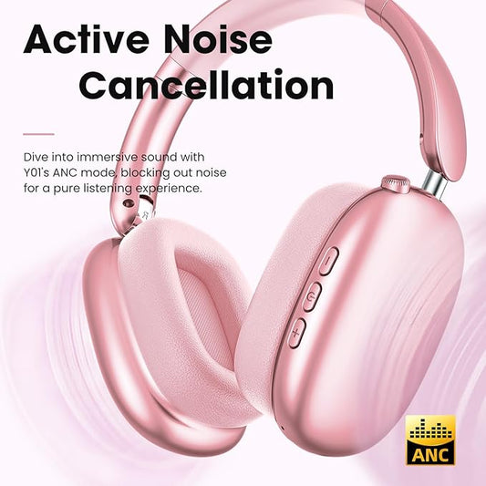 Wentronic Y01 Wireless Noise Canceling Headphones Bluetooth 5.3 Over Ear Headphones with Microphone, Hi-Res Audio, 48H Playtime, Foldable Comfortable Earpads,Compatible with iOS,Android,PC, Pink