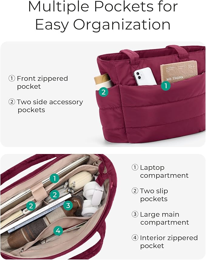 BAGSMART Tote Bag for Women, Lightweight Puffy Tote Bag with Compartments Shoulder Bag Handbag for Travel, Work, Gym