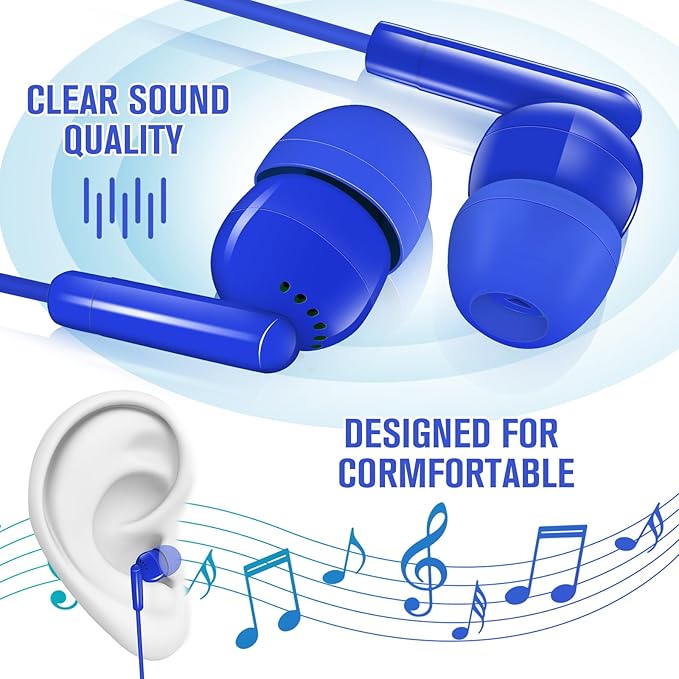 Kanayu 100 Packs Earbuds Bulk Basic Student Earphone Individually Bagged 3.5 mm Headphones for Schools Classrooms Library Teens Gift(Blue)