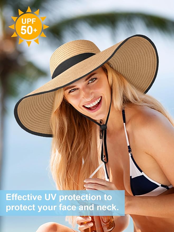 Senker Fashion Sun Hats for Women Oversize Wide Brim Straw Beach Hat Floppy Foldable Roll-Up Summer Vacation UPF 50+