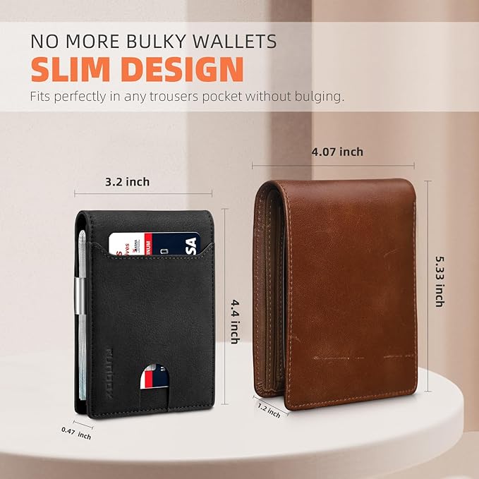 RUNBOX Slim Wallets for Men - Leather Money Clip Mens Wallet - RFID Blocking Front Pocket Bifold Wallet - Thin Credit Card Holder with Gift Box