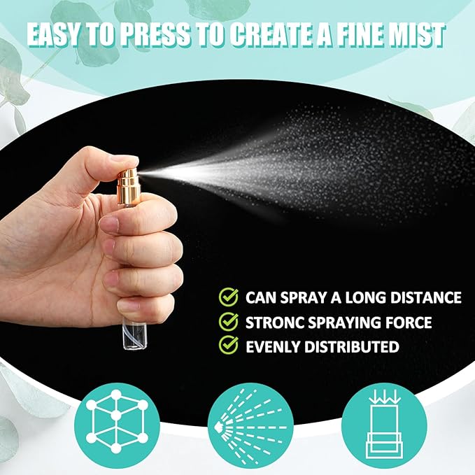 Zhehao 75 Pcs Mini Spray Bottles 10 ml Clear Glass Perfume Bottles Refillable Fine Mist Perfume Atomizer Portable Empty Sample Containers for Cleaning, Essential Oils, Travel (Gold Cap)