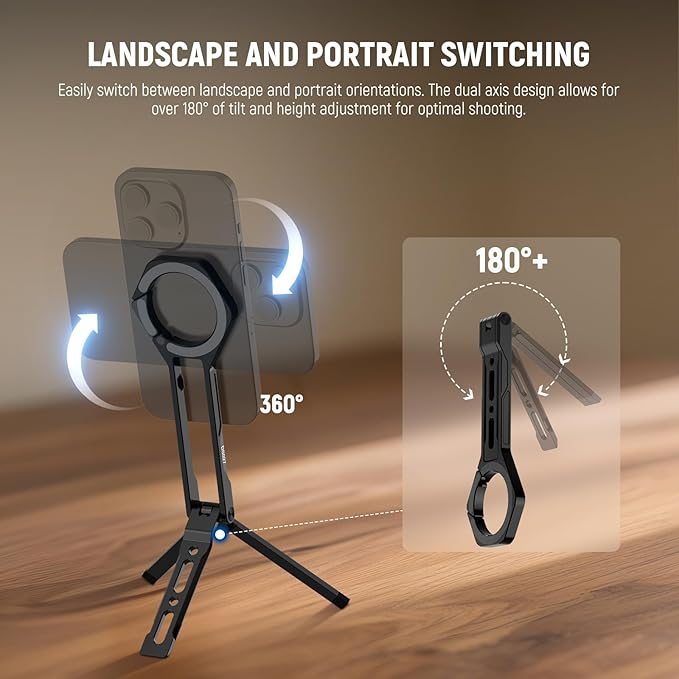 NEEWER Magnetic Phone Holder Stand, Metal Lightweight Portable Cell Phone Desk Tripod Mount Selfie Stick Grip Carabiner Style Quick Release, Compatible with MagSafe iPhone for Video Recording, DS027