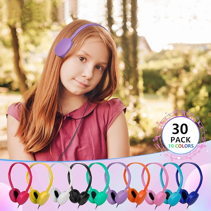 Classroom Kids Headphones Bulk 30 Pack Class Set of Headphones for Students Children Boys Girls Teen Adult,Group Learning, Computer Lab, Library, Online Lesson and Testing (10 Colors)