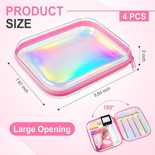 Hoolerry 4 Pcs Hard Clear Zipper Case Makeup Bags Plastic Pencil Pouch Transparent Storage Box Containers for Cosmetics, Snacks, Building Blocks, Puzzles(Pink Laser,9.8 x 7.9 x 2 in)