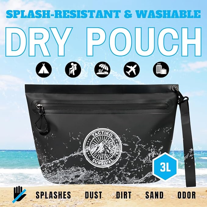3-Pack Tactiko 3L Water Resistant Pouches - Waterproof Material w/Splashproof Zipper - Hold All Zipper Bags for Storage, Toiletries, Travel, Beach, Cruise, Home (3, Black/Gray/Green)