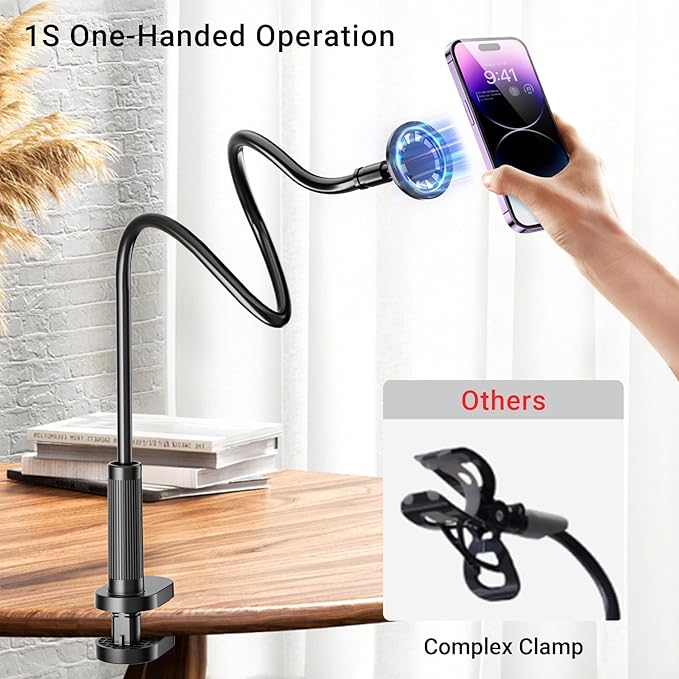 Magnetic Phone Holder for Bed Laying Down with Scrolling Ring Remote Page Turner, Bedside Gooseneck Phone Stand for iPhone Reading, Flexible Mount with Clicker for iPhone/Tiktok/Short Video