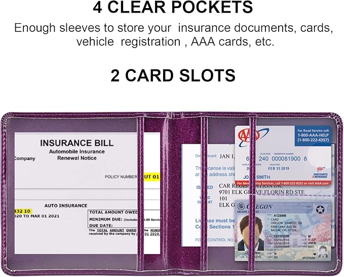 Cacturism Car Registration and Insurance Holder, Vehicle Glove Box Car Organizer Men Women Wallet Accessories Case for Cards, Essential Document, Driver License, Bling Purple