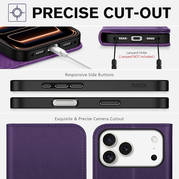 TUCCH Wallet Case for iPhone 17 Pro Max (6.9") 2025, 3 Credit Card Slot | RFID Blocking | Stand | PU Leather | Protective Flip Folio Cover | Shockproof TPU Interior Shell | Dark Purple