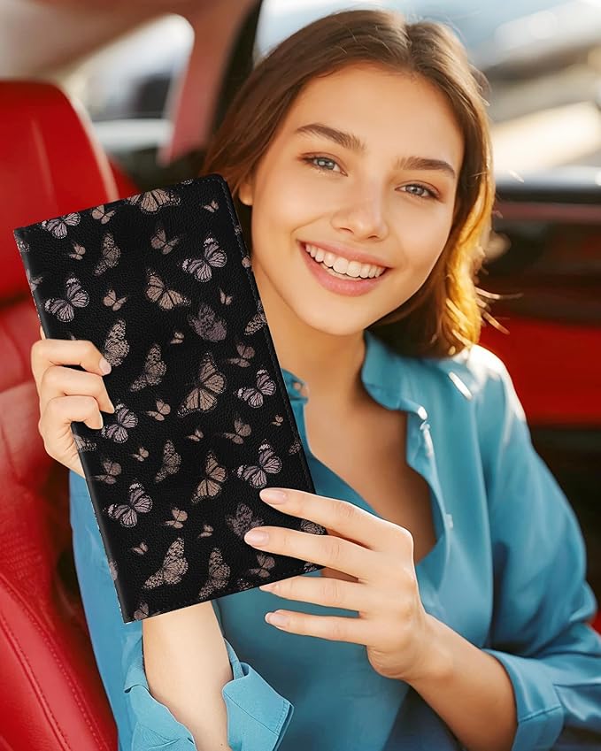 Slohif Car Registration and Insurance Holder - Butterfly Vehicle Glove Box Organizer Women with Magnetic Shut Leather Automobile License Holders Coasters Auto Accessories Case for Document