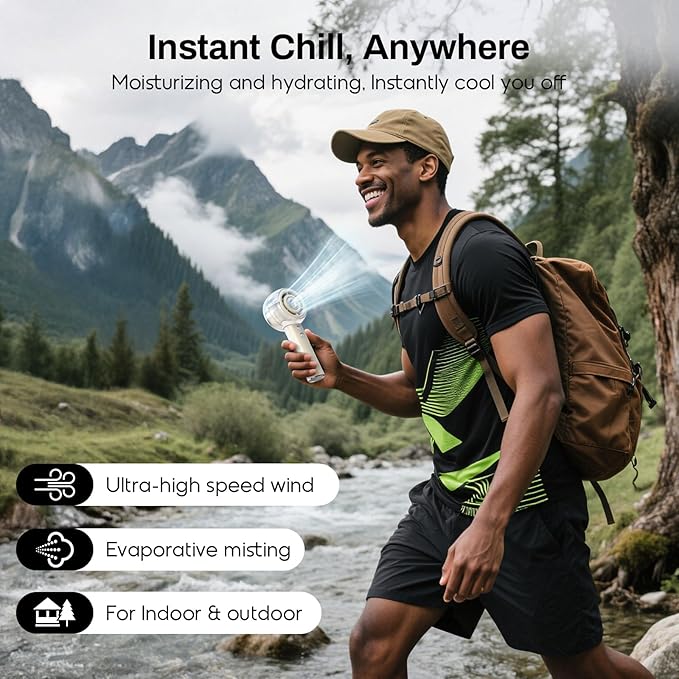 Misting Portable Handheld Fan, Powerful Turbo Motor, 6000mAh Rechargeable Battery, Personal Mini Fans with 4 Strong Wind, Cooling Gadgets for Travel, Camping, Beach, Outdoor, Gifts for Women Men-Ivory