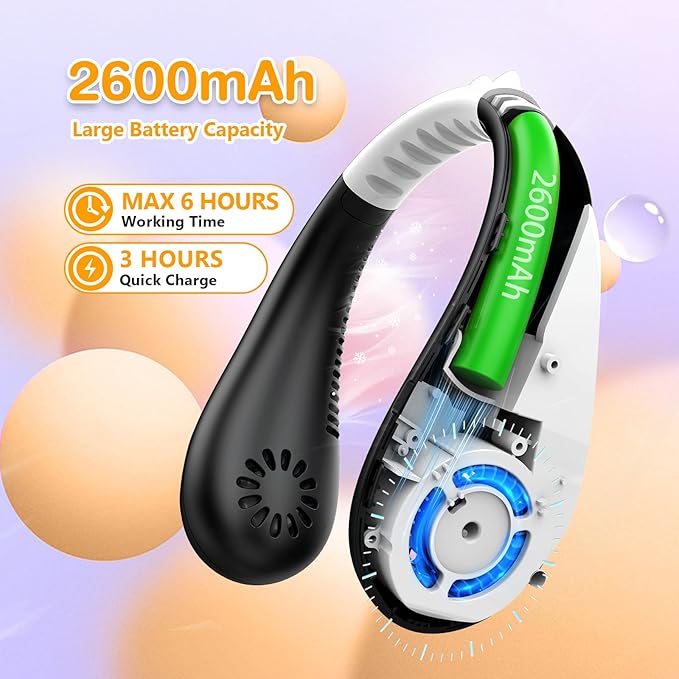 Kids Neck Fan, Portable Bladeless Fans for Kid 4-14Y Girls & Boys, 2600mAh USB Personal Mini Cooling Fan for Travel/Camping/Study, 4 Speeds, Lightweight, Compact, Perfect Summer Gifts for Kids