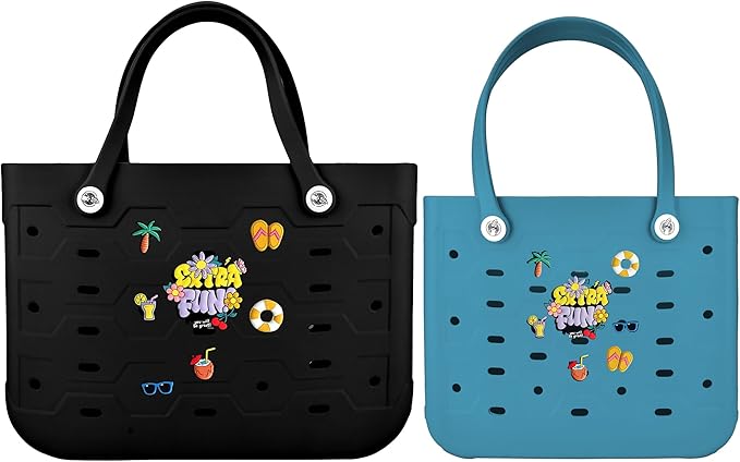 2-Piece Tote Bag Set, Waterproof Rubber Beach Bag with Summer Pattern, Medium & Large Handbag for Pool, Beach, Boat