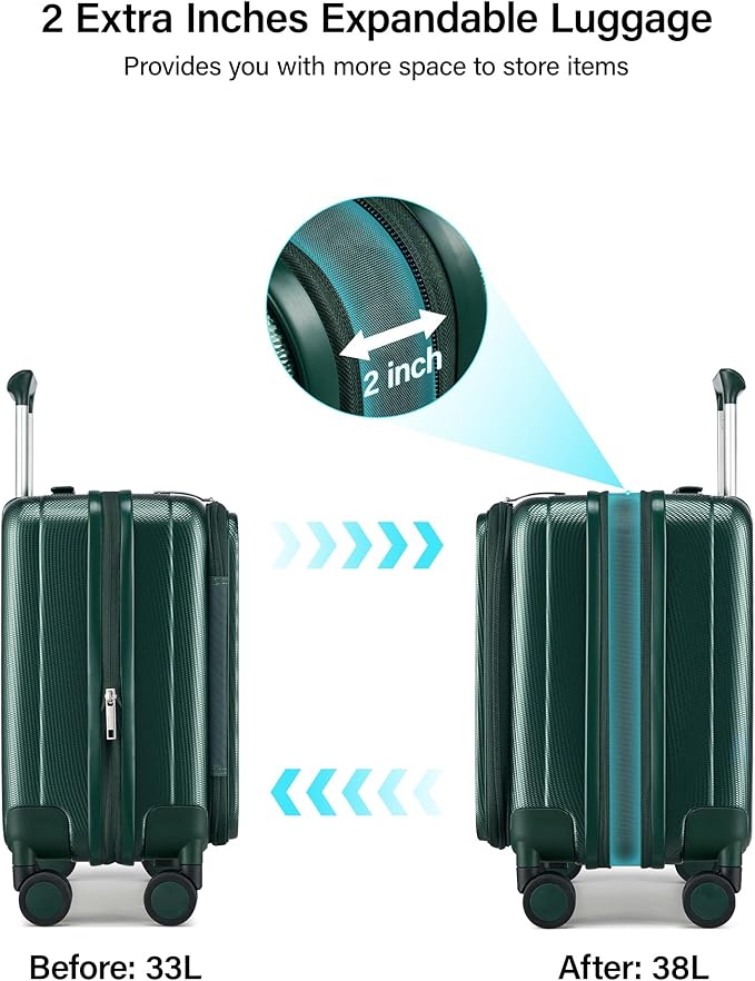 Hanke 16 Inch Expandable Under Seat Luggage with Wheels Top Opening Small Suitcase with Wheels Carry On Luggage Airline Approved Lightweight Hard Shell Suitcases for Weekender Overnight-Blackish Green