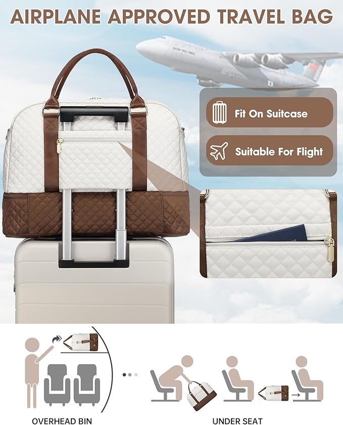 Travel Duffle Bag Weekender for Women: Travel Duffel Bag Carry-On Overnight Bag with Shoe Compartment & Wet Pocket Large Weekend Tote Bag Gym Duffel Bag for Hospital Beige Brown