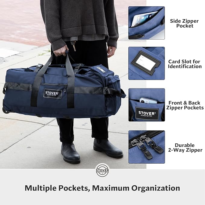 STOVER 80L Rolling Duffel Bag with Wheels, Large Durable Travel Duffle + Toiletry Bag, Heavy Duty, Packable, Foldable with Shoulder Straps- Use as Luggage or Backpack, Men/Women (Navy Blue)