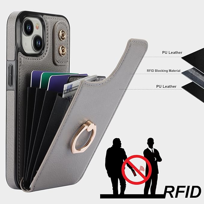 Folosu Compatible with iPhone 15 Case Wallet with Card Holder, 360°Rotation Finger Ring Holder Kickstand, RFID Blocking Leather Protective Double Buttons Shockproof Cover 6.1 Inch Gray